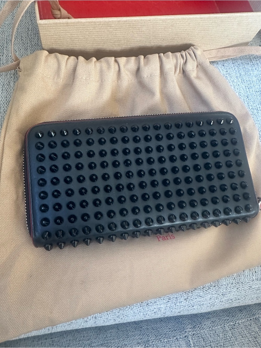 Christian Louboutin Panettone Zip Around Long Wallet Black studs Red Trim